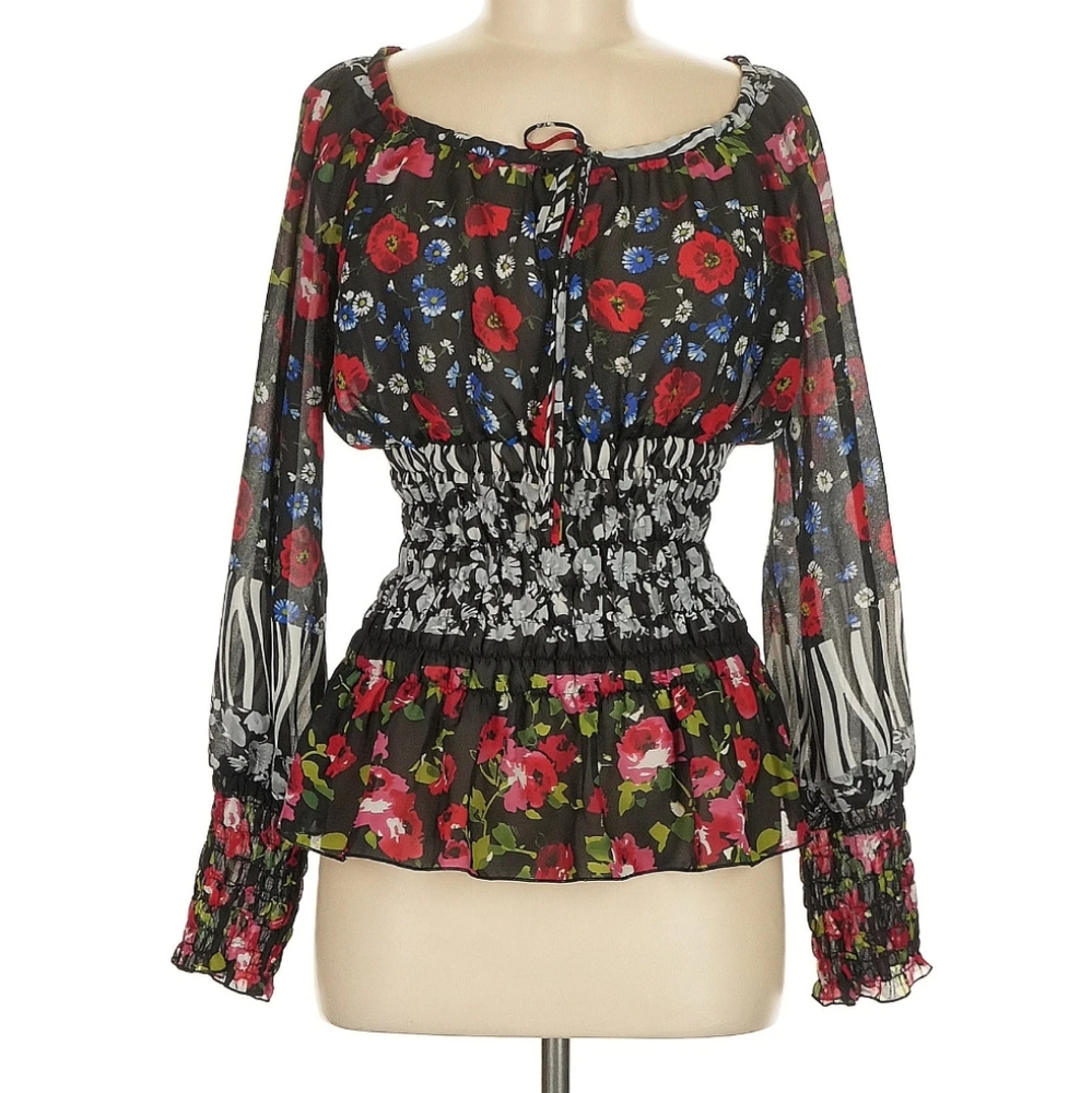 Black floral blouse. Black smocked top. Black floral top